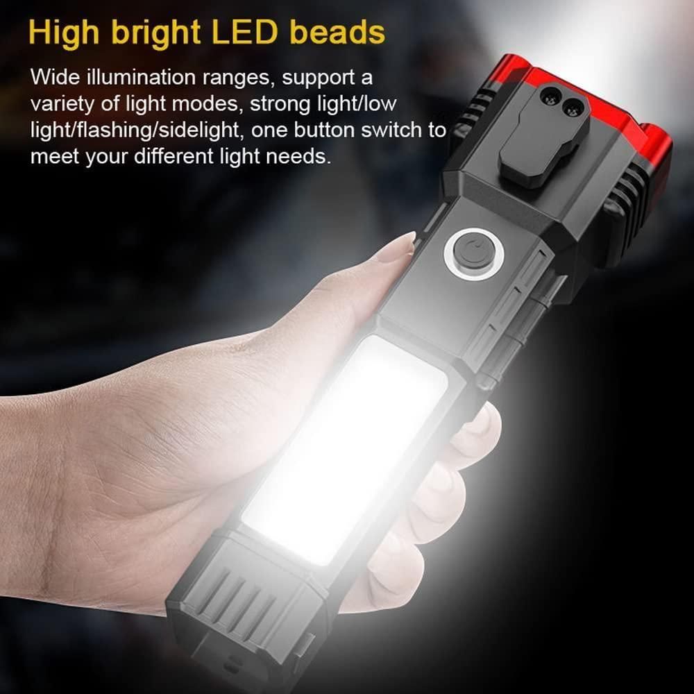Multifunctional Rechargeable LED Flashlight with Power Bank, Safety Hammer, Waterproof Torch Light – 4 Light Modes for Car, Outdoor Camping & Emergencies