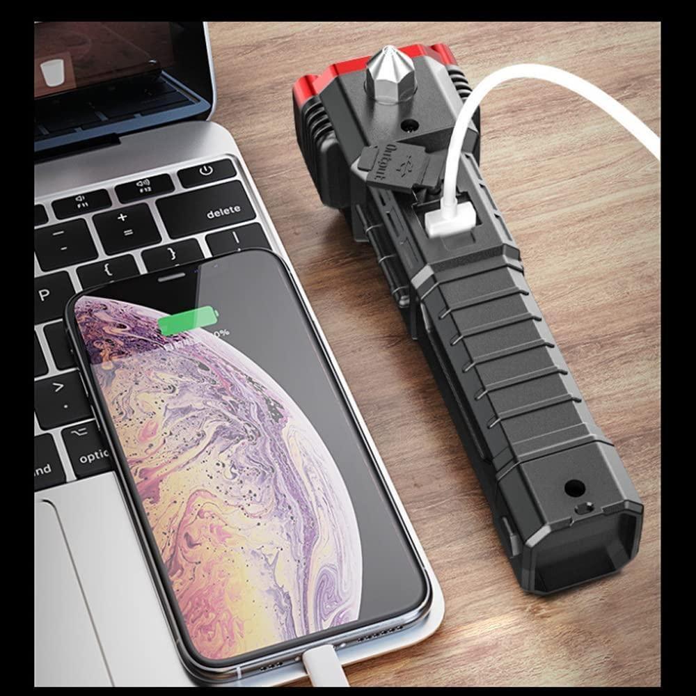 Multifunctional Rechargeable LED Flashlight with Power Bank, Safety Hammer, Waterproof Torch Light – 4 Light Modes for Car, Outdoor Camping & Emergencies