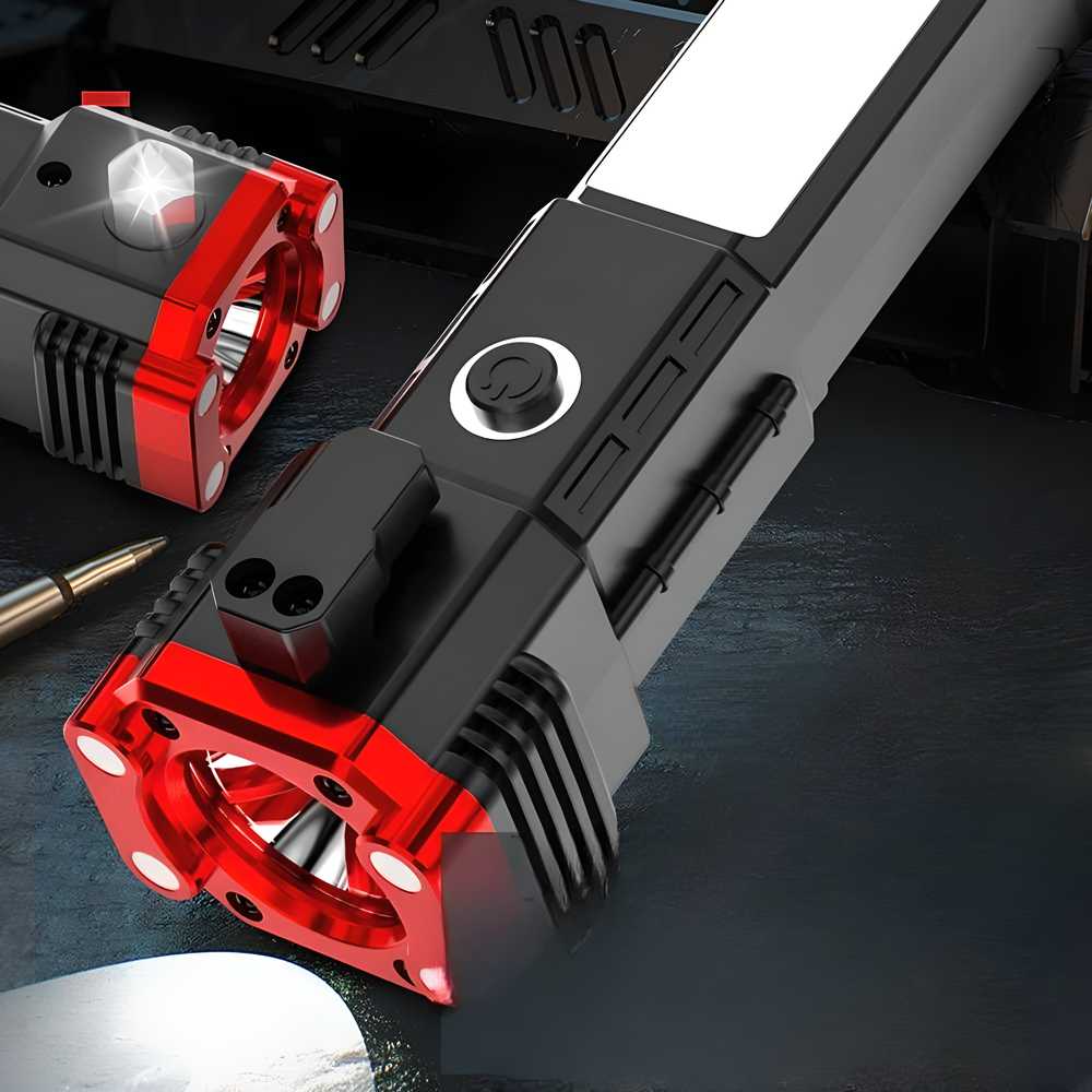 Multifunctional Rechargeable LED Flashlight with Power Bank, Safety Hammer, Waterproof Torch Light – 4 Light Modes for Car, Outdoor Camping & Emergencies